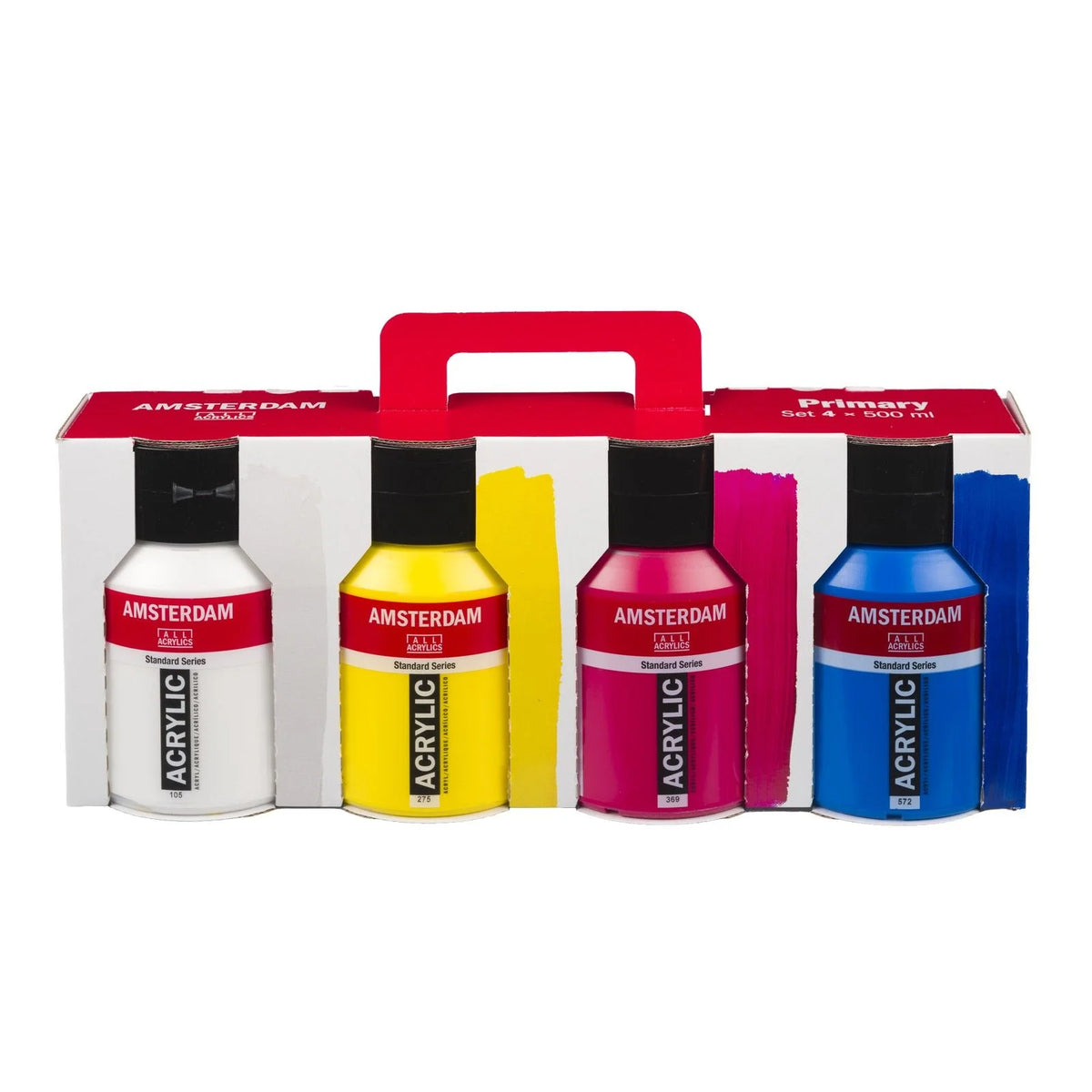 Amsterdam Standard Series Primary Sæt med fire akrylfarver i 500 ml bøtter: Titanium White, Primary Yellow, Primary Magenta og Primary Cyan.