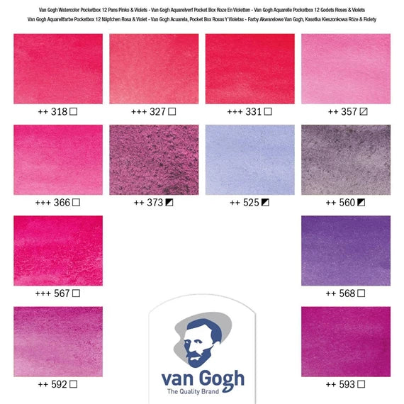 Van Gogh Pocket Box i pink og violette farver, 12 farver og 1 pensel
