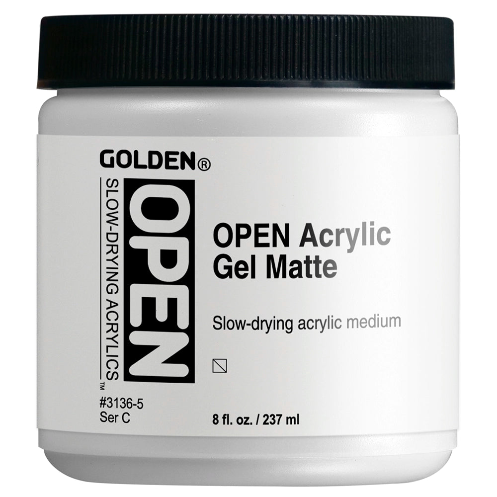 Golden OPEN Acrylic Gel Matte, 237 ml, mat og langsomtørrende akrylgelmedium til farveblanding og lasering.