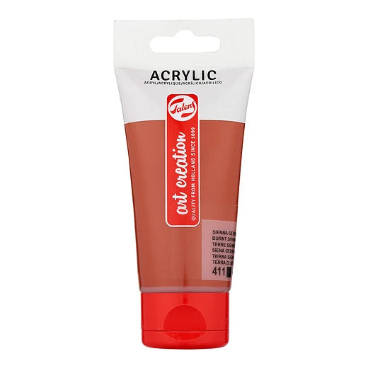 Talens Art Creation akrylmaling Burnt Sienna 411, 75 ml tube med rødbrun farve og praktisk doseringslåg.