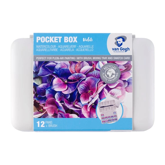 Van Gogh Pocket Box i pink og violette farver, 12 farver og 1 pensel