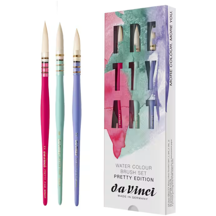 da Vinci Pretty Edition akvarelpenselsæt med tre spidse pensler i pink, mintgrøn og lilla, vist ved siden af emballagen.