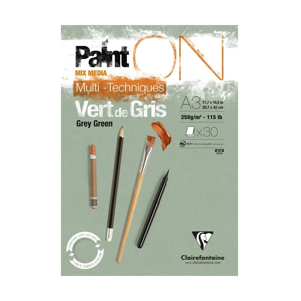 Clairefontaine, Paint ON, Vert de Gris, blok, 30 ark