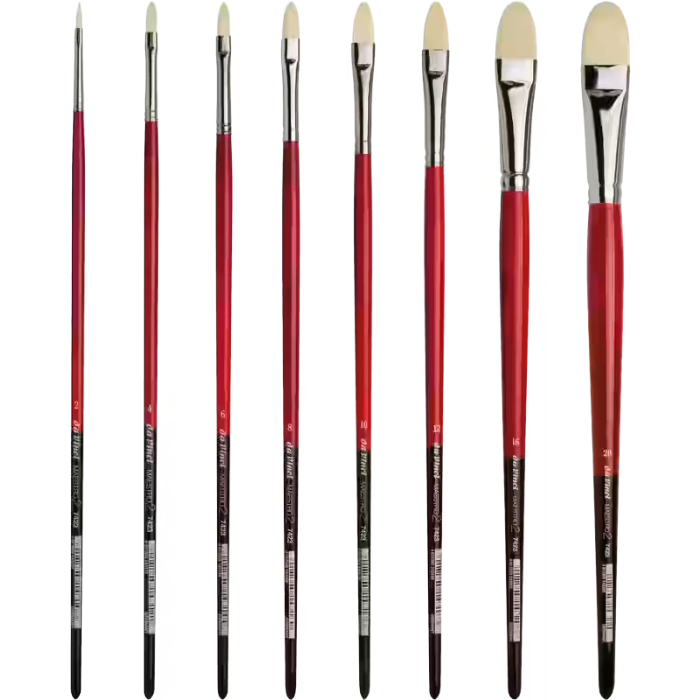 da Vinci MAESTRO2 Serie 7423 filbertpensler med naturlige svinebørster og lange røde skafter i størrelserne 2, 4, 8, 10, 12, 16 og 20.
