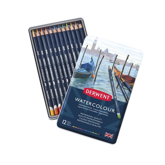 Sæt med 12 Derwent Watercolour Pencils i praktisk metaldåse.