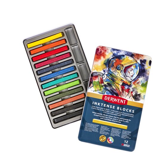 Derwent Inktense Blocks i metaldåse med 12 farveblokke.