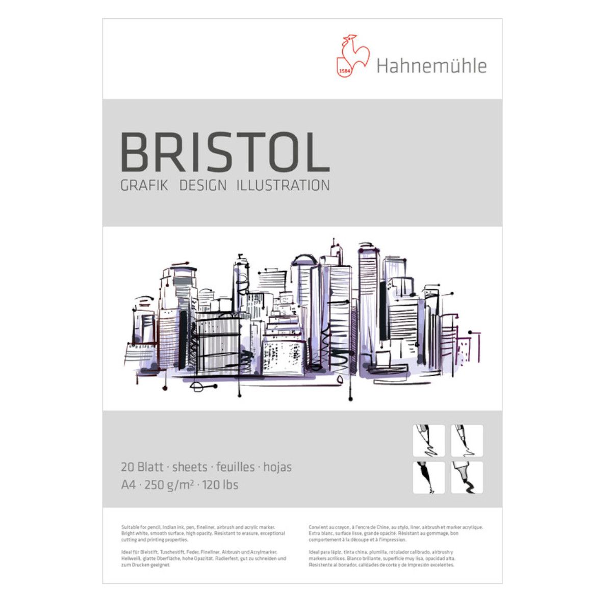 Hahnemühle, Bristol papir, blok, 250 g, 20 ark