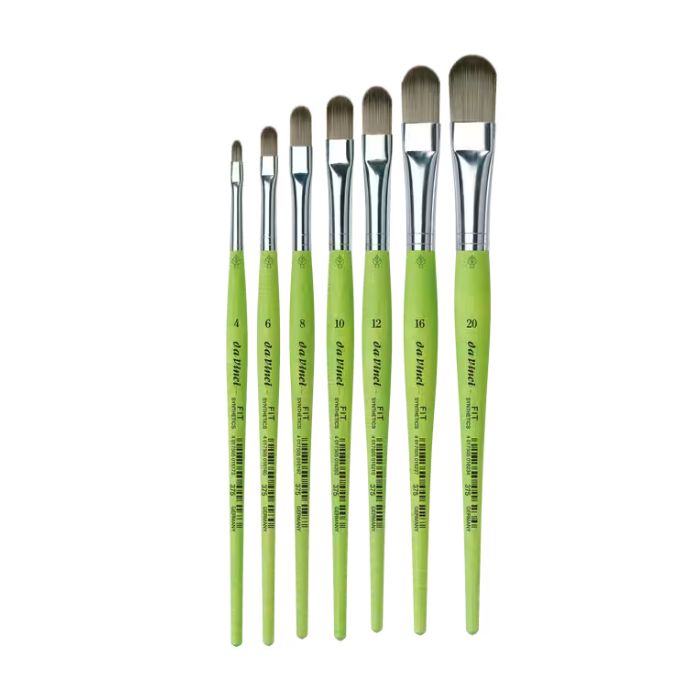 da Vinci FIT Synthetics serie 375 filbertpensler i størrelserne 4, 6, 8, 10, 12, 16 og 20 med grønne skafter og afrundede syntetiske penselhoveder.