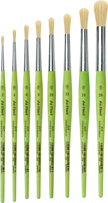 da Vinci FIT Synthetic Bristle serie 378, runde pensler i størrelserne 2, 4, 6, 8, 10, 12, 16 og 20 med grønne skafter og lyse syntetiske børstehår.