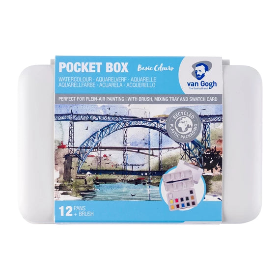 Van Gogh Pocket box akvarel i basis farver, 12 farver og 1 pensel