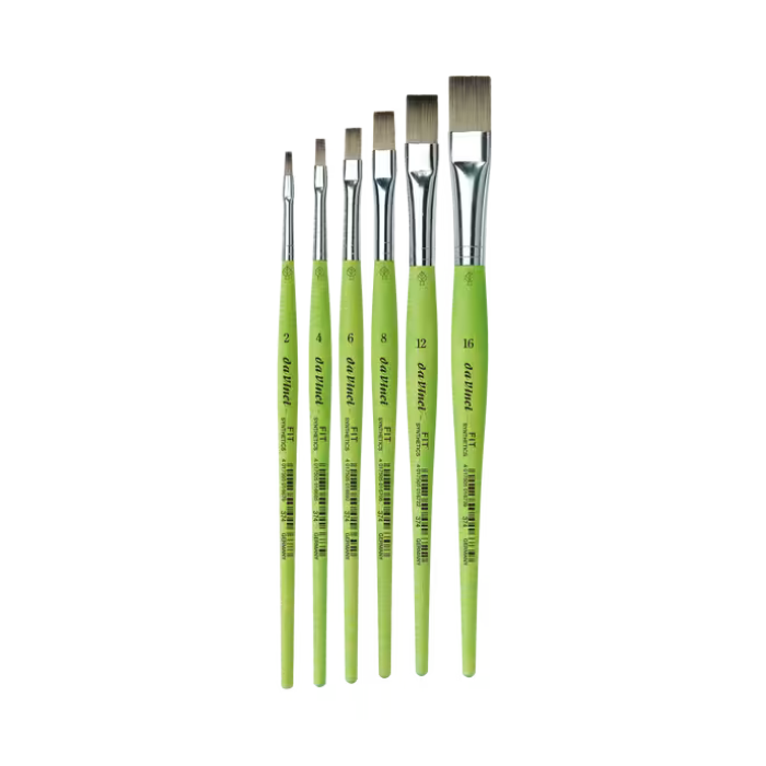 da Vinci FIT Synthetics Serie 374 flade pensler med syntetiske hår og grønne skafter i størrelserne 2, 4, 6, 8, 12 og 16.