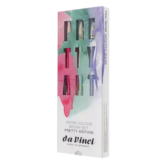 da Vinci Pretty Edition akvarelpenselsæt med tre pensler i farverne pink, mintgrøn og lilla i original emballage.
