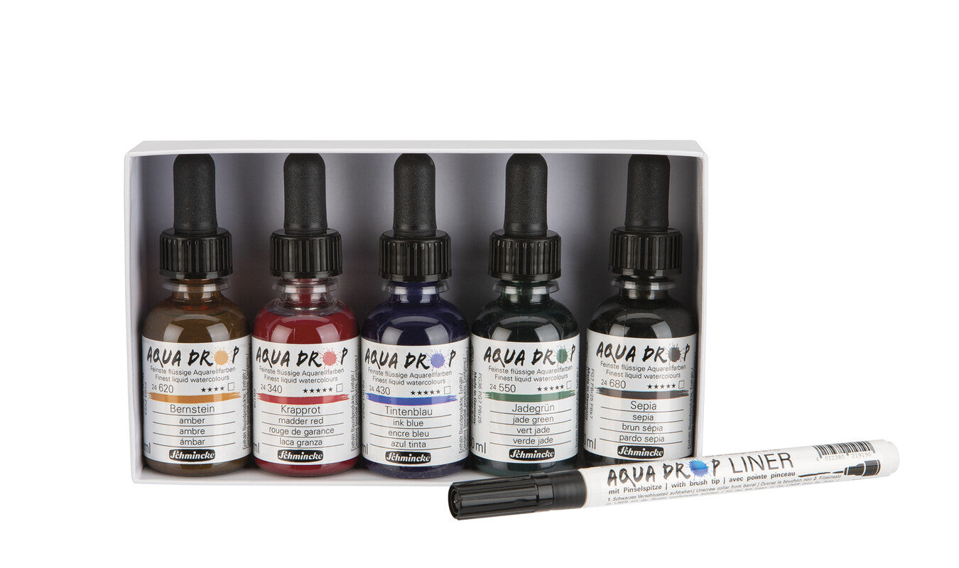 Schmincke, Aqua Drop, Akvarel med liner, sæt, 5 x 30 ml