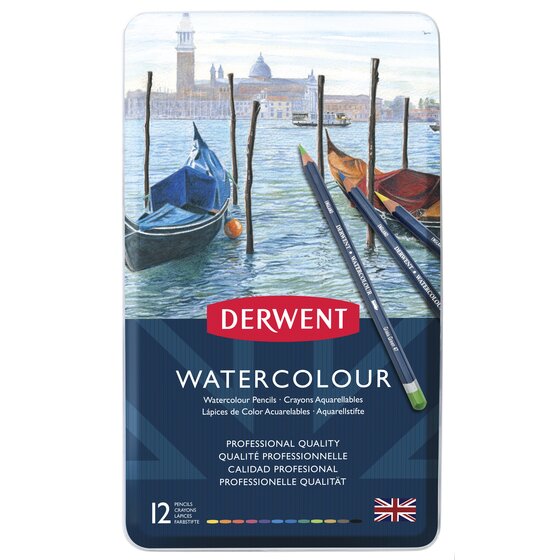 Derwent Watercolour Pencils i metaldåse med 12 akvarelblyanter.