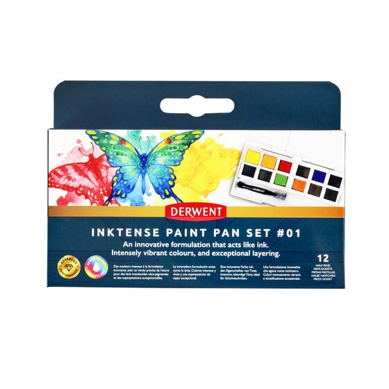 Derwent Inktense 12 Paint Pan Travel Set #1 med 12 farver i kompakt rejsesæt.