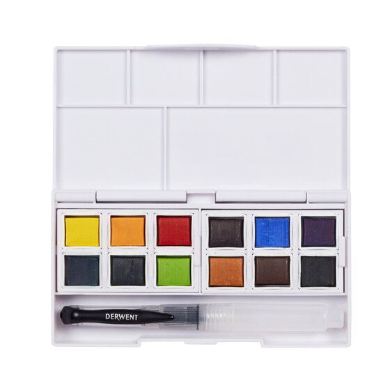 Derwent Inktense Paint Pan Travel Set i praktisk æske til kreative projekter.