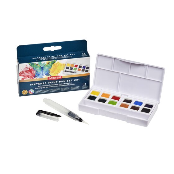Derwent Inktense Paint Pan Travel Set med 12 akvarelfarver og mini waterbrush.