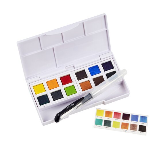 Kompakt Derwent Inktense Paint Pan Travel Set med 12 intense farver.