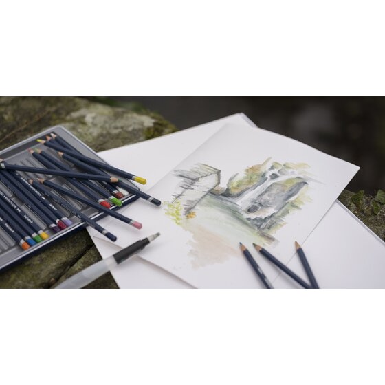 Derwent Watercolour Pencils med 12 akvarelblyanter til kreative projekter.