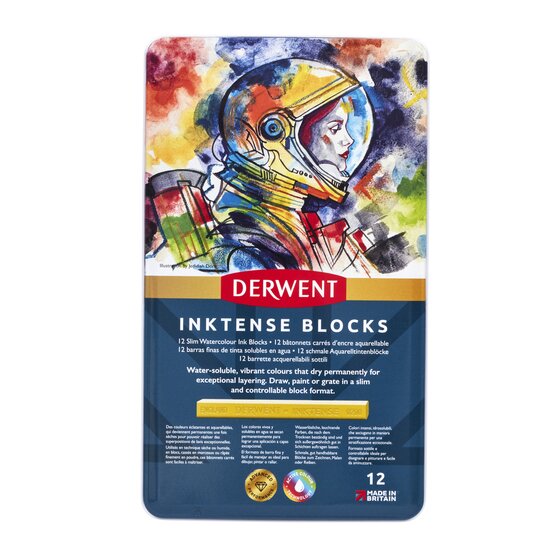 Derwent Inktense Blocks i praktisk metaldåse med 12 stk.